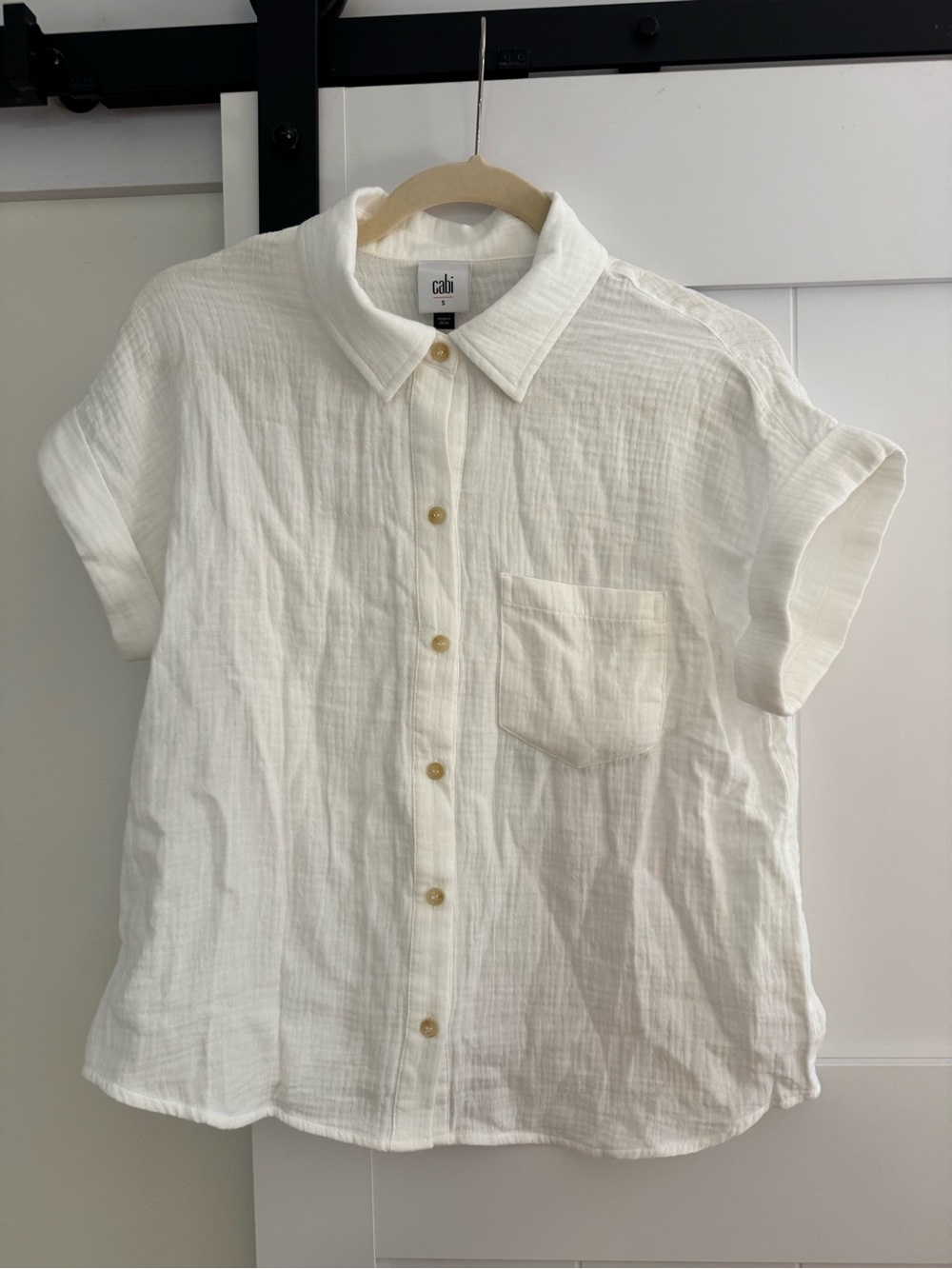 CAbi White Short-Sleeve Cotton Gauze Button-Down Shirt